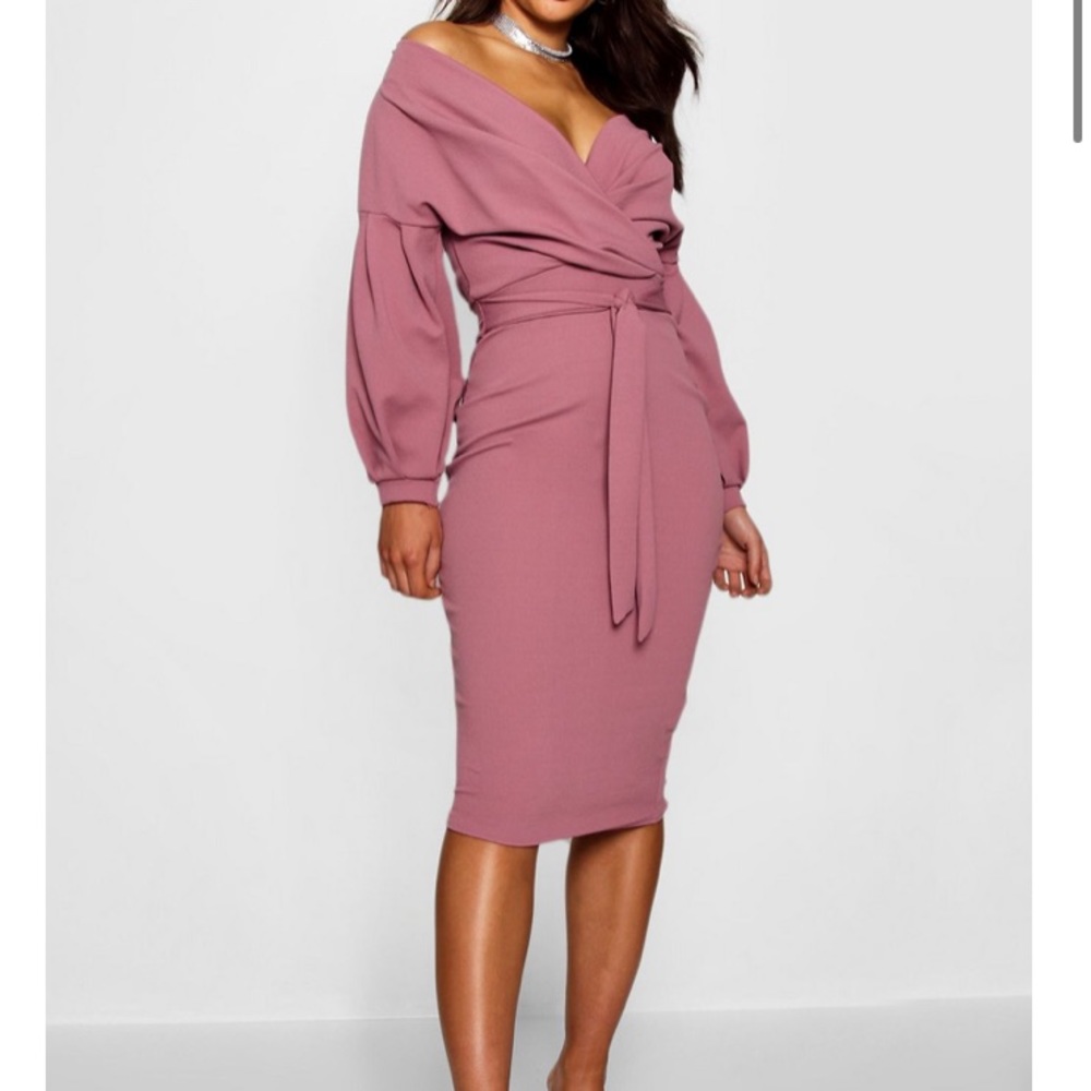 Boohoo “Off the Shoulder” Wrap Midi Bodycon Dress